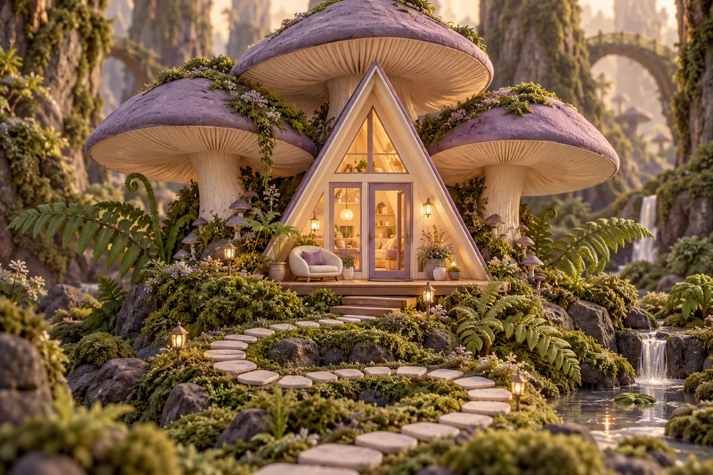 A small A-frame cabin glowing beneath towering lilac mushrooms in a misty forest