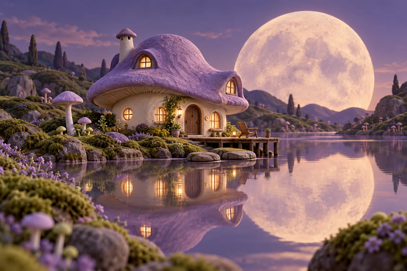 A lodge with a giant mushroom roof beside a still lake under an enormous moon